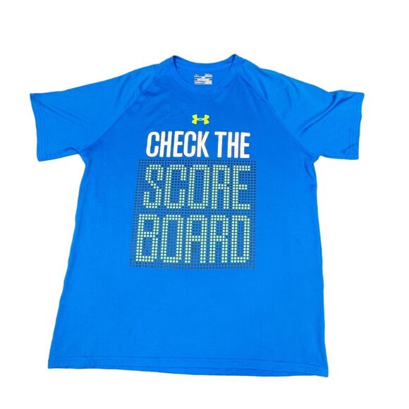 Under Armour Shirt Mens Medium HeatGear Blue Loose Fit  "Check The‎ Scoreboard" - Picture 1 of 10